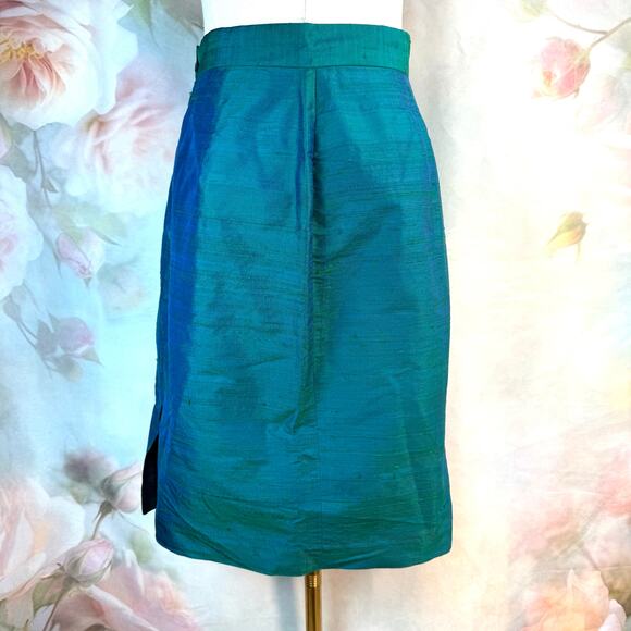 Vintage 80s Monsoon Silk Twilight Range Green Blue Irridescent Pencil Skirt - Picture 1 of 5